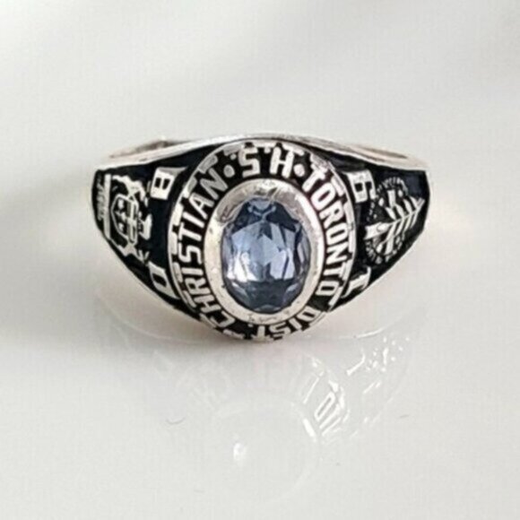 Men's 80s Academia Prep Sterling Silver Blue Topaz Signet School Cigar Ring 10 - Picture 1 of 6